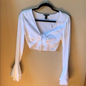 White crop tie front top with bell/ruffle sleeves